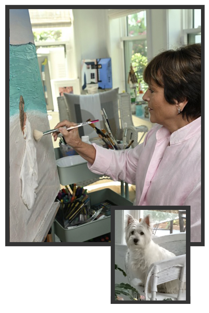 Brenda Breck Art | Brenda Breck in studio with her dog, Bailey