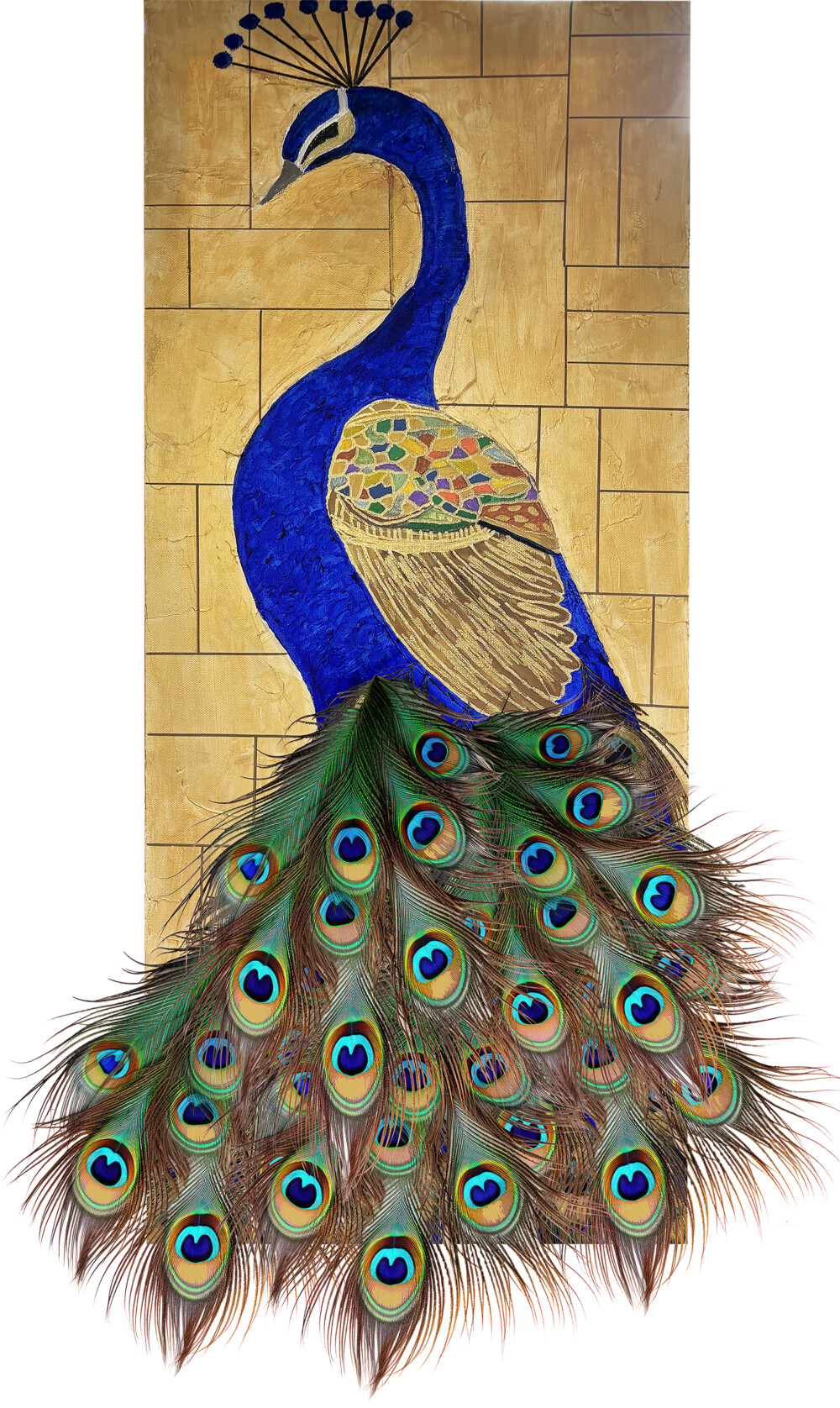 0012 Peacock Allie 16x40” original acrylic on canvas real feathers Brenda Breck Art | Original Art painted on Canvas and Giclées | 0012 Peacock Allie 16x40” original acrylic on canvas real feathers