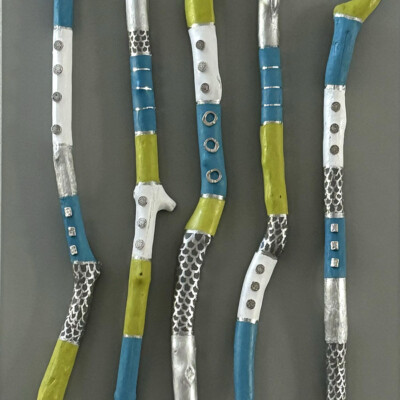 02600 Spirit Prayer Sticks in Lime, Teal and White 24x18" mixed media with beading mounted on linen canvas framed Brenda Breck Art | Original 3D Art | 24x18" mixed media with beading mounted on linen canvas framed