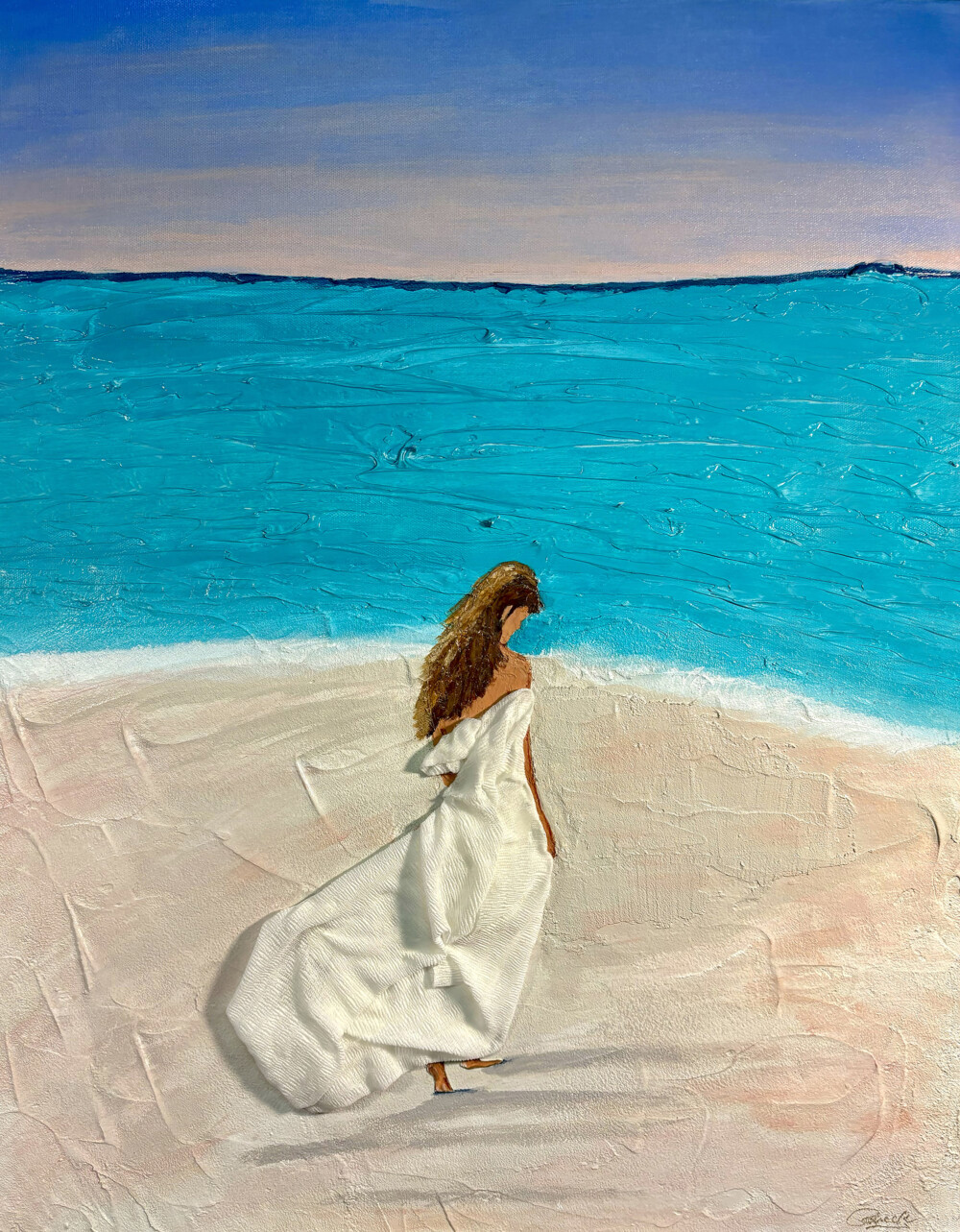 0027 Woman on Beach Walk 24x30” original acrylic on canvas 3D detail Brenda Breck Art | Original Art painted on Canvas and Giclées | 0027 Woman on Beach Walk 24x30” original acrylic on canvas 3D detail