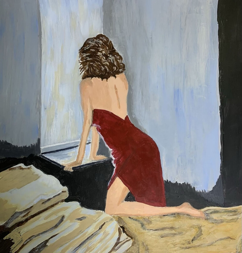 0038 Woman in Red Day Dreaming 13x13” original acrylic on canvas Brenda Breck Art | Original Art painted on Canvas and Giclées | 0038 Woman in Red Day Dreaming 13x13” original acrylic on canvas