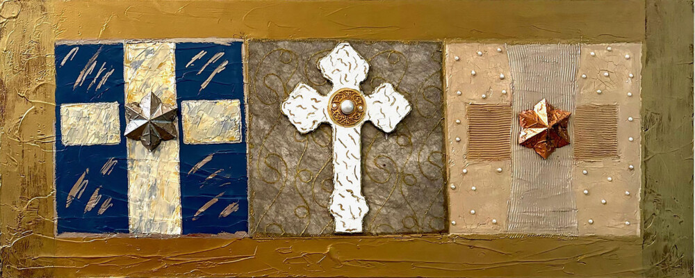 0045 Crosses Faith Hope & Charity 40x16” original mixed media acrylic on canvas Brenda Breck Art | Original Art painted on Canvas and Giclées | 0045 Crosses Faith Hope & Charity 40x16” original mixed media acrylic on canvas