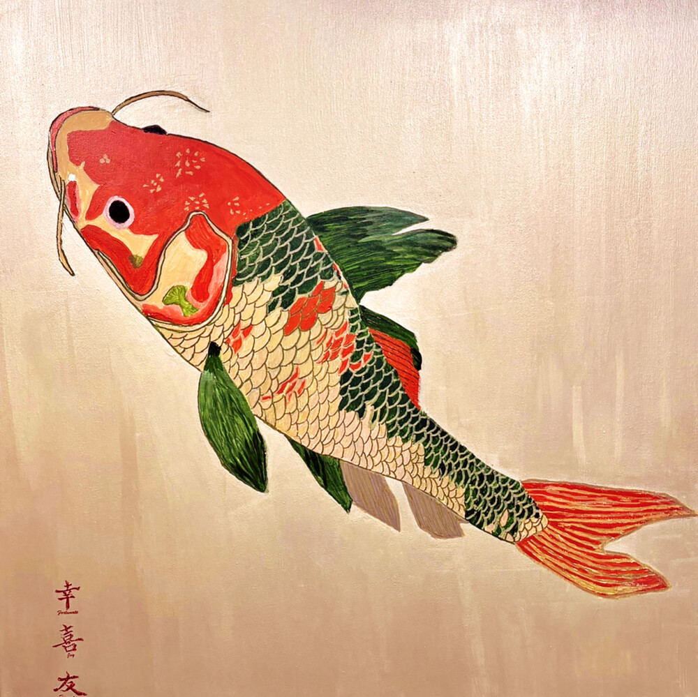 0059 Koi What A Catch 30x30 original acrylic on canvas Brenda Breck Art | Original Art painted on Canvas and Giclées | 0059 Koi What A Catch 30x30 original acrylic on canvas