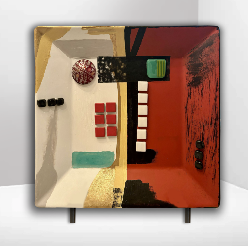 01000 Contemporary Abstract Red Line Dinner Plate 13x13" mixed media acrylic ceramic Brenda Breck Art | Original 3D Art | 01000 Contemporary Abstract Red Line Dinner Plate 13x13" mixed media acrylic ceramic