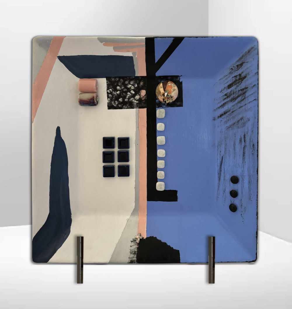 01100 Contemporary Abstract Blue Plate Special 10" mixed media acryllic ceramic Brenda Breck Art | Original 3D Art | 01100 Contemporary Abstract Blue Plate Special 10" mixed media acryllic ceramic