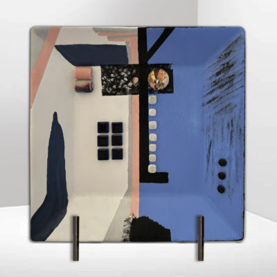 01100 Contemporary Abstract Blue Plate Special 10" mixed media acryllic ceramic Brenda Breck Art | Original 3D Art | 01100 Contemporary Abstract Blue Plate Special 10" mixed media acryllic ceramic