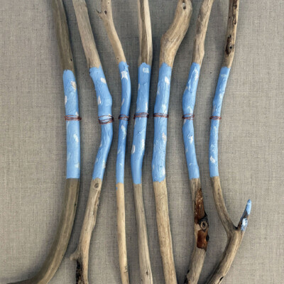 01300 Aqua Blue Spirit Prayer Sticks on linen canvas Brenda Breck Art | Original 3D Art | 01300 Aqua Blue Spirit Prayer Sticks on linen canvas