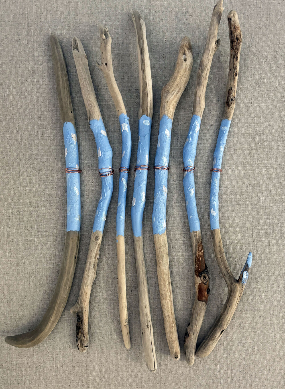 01300 Aqua Blue Spirit Prayer Sticks on linen canvas Brenda Breck Art | Original 3D Art | 01300 Aqua Blue Spirit Prayer Sticks on linen canvas