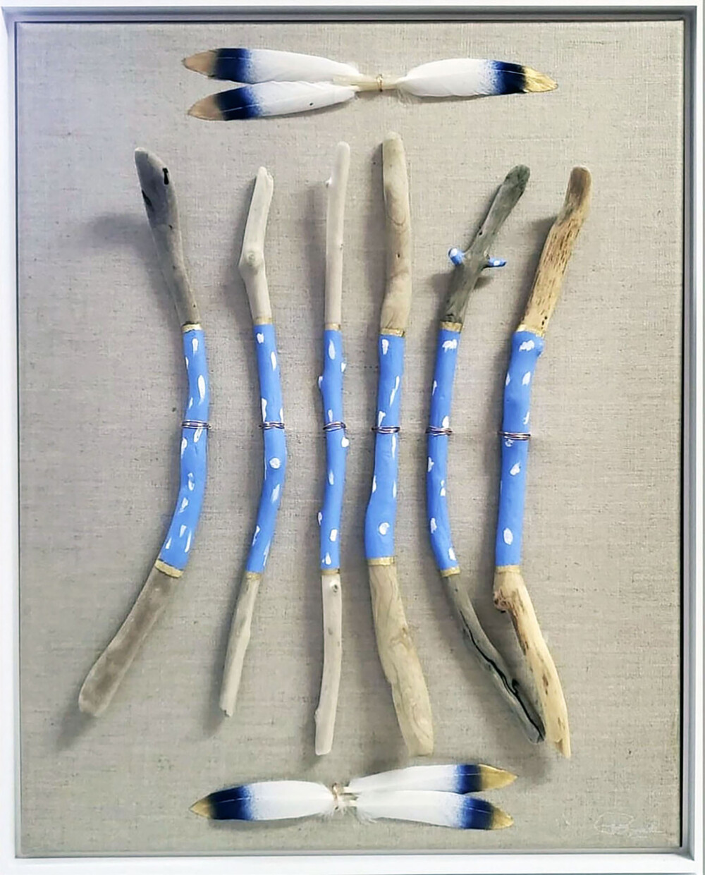 01500 Whispering Spirit Prayer Sticks with accent feathers framed Brenda Breck Art | Original 3D Art | 01500 Whispering Spirit Prayer Sticks with accent feathers framed