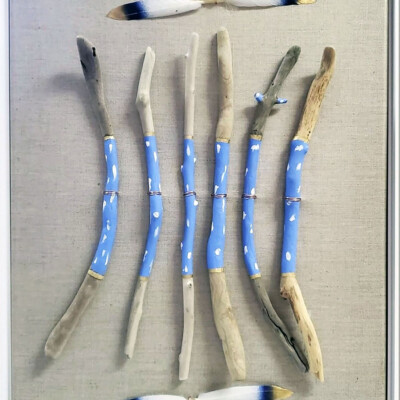 01500 Whispering Spirit Prayer Sticks with accent feathers framed Brenda Breck Art | Original 3D Art | 01500 Whispering Spirit Prayer Sticks with accent feathers framed