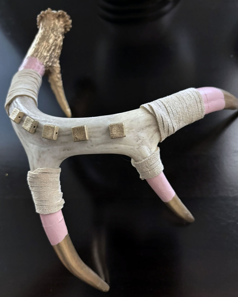 01600 Medium Pink and Gold Shed Antler with suede accents Brenda Breck Art | Original 3D Art | 01600 Medium Pink and Gold Shed Antler with suede accents
