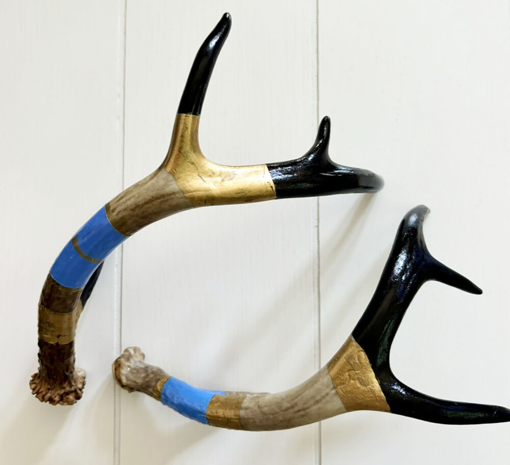 01800 Pair of Small Shed Anters in Blue and Gold Brenda Breck Art | Original 3D Art | 01800 Pair of Small Shed Anters in Blue and Gold