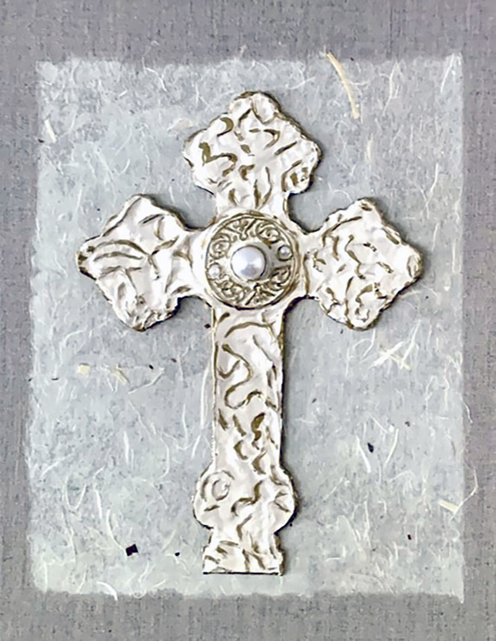 0200 Ornate Cross 10x12" Linen canvas with art paper 3D cross adorned with pearls Brenda Breck Art | Original Art painted on Canvas and Giclées | 0200 Ornate Cross 10x12" Linen canvas with art paper 3D cross adorned with pearls