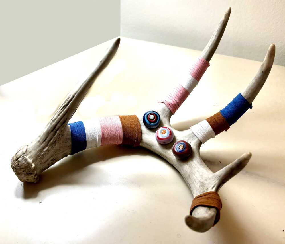 0300 Medium Shed Antler with beads and suede Brenda Breck Art | Original 3D Art | 0300 Medium Shed Antler with beads and suede