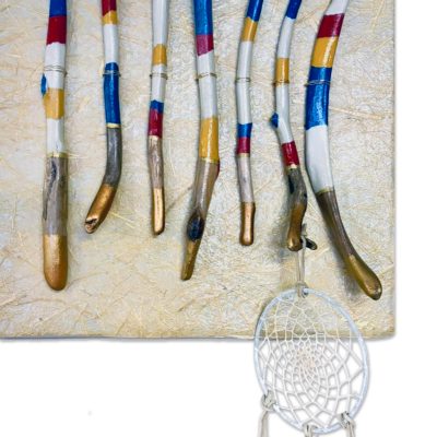 0500 Spirit Prayer Sticks with Dream Catcher 21x17” on art paper mounted on canvas framed Brenda Breck Art | Original 3D Art | 0500 Spirit Prayer Sticks with Dream Catcher 20x16” on art paper mounted on canvas framed