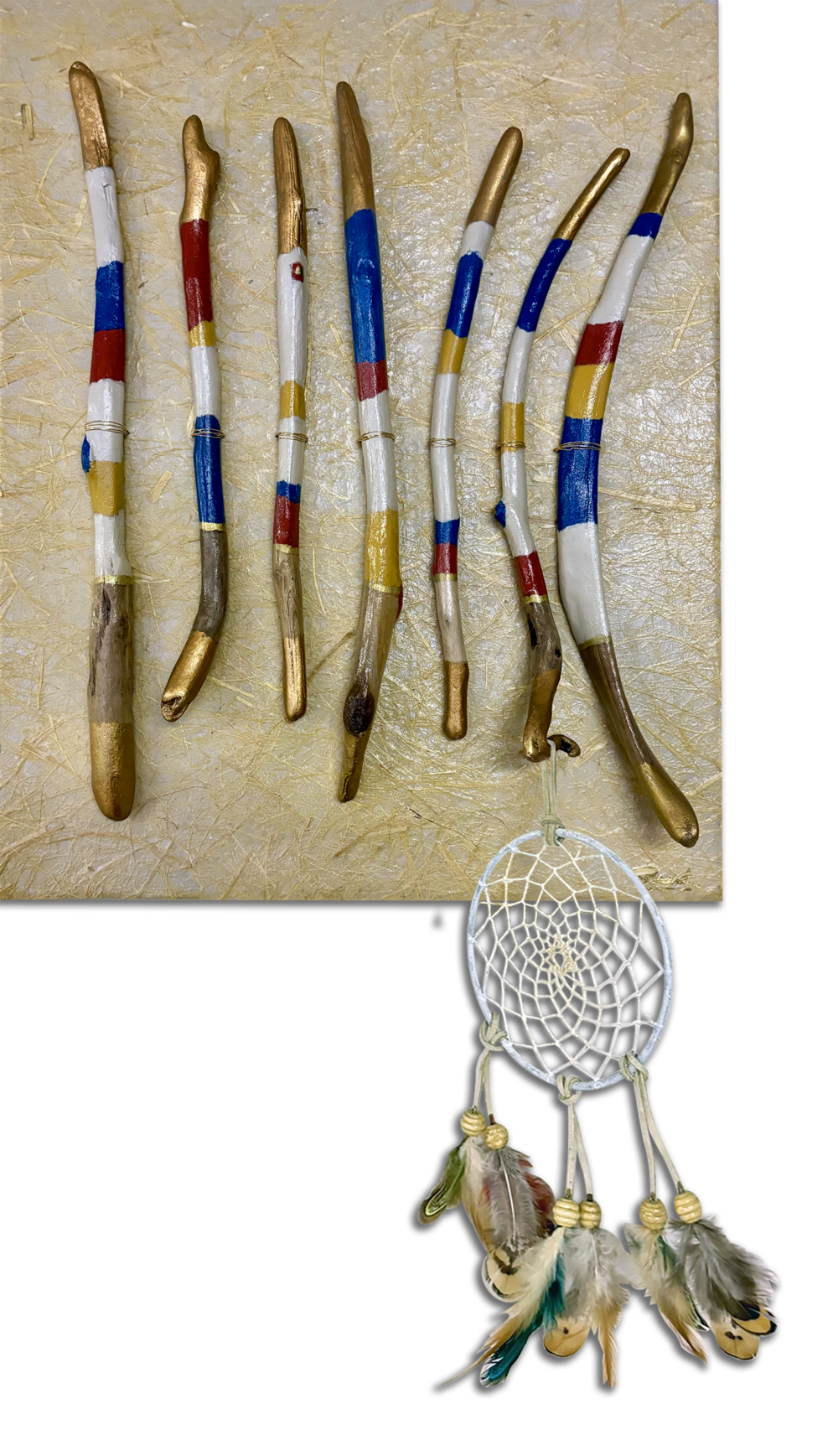 0500 Dream Catcher 20x16” acryllic painted spirit sticks on art paper mounted on canvas