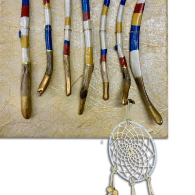 0500 Dream Catcher 20x16” acryllic painted spirit sticks on art paper mounted on canvas