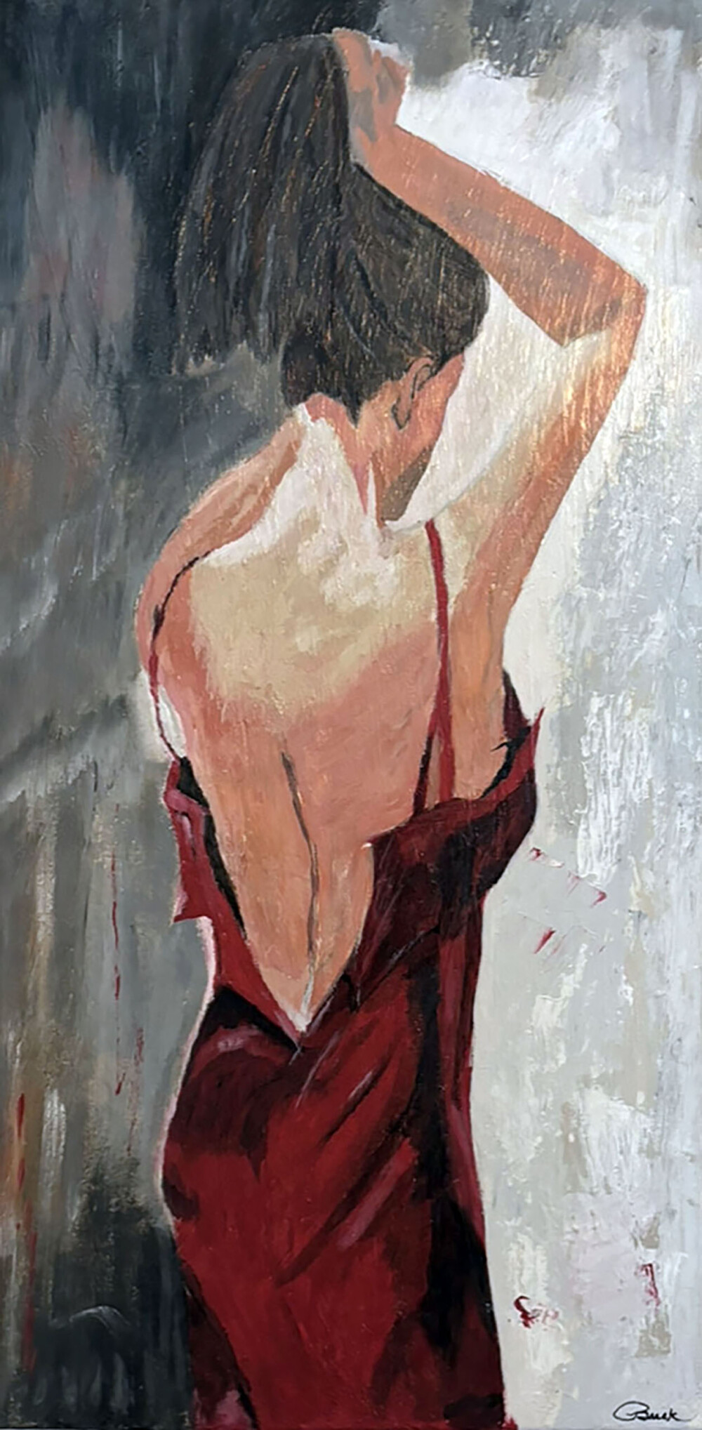 004 Woman in Red Undressing at Evening’s End 19x36” original acrylic on canvas black frame Brenda Breck Art | Original Art painted on Canvas and Giclées | 004 Woman in Red Undressing at Evening’s End 19x36” original acrylic on canvas black frame