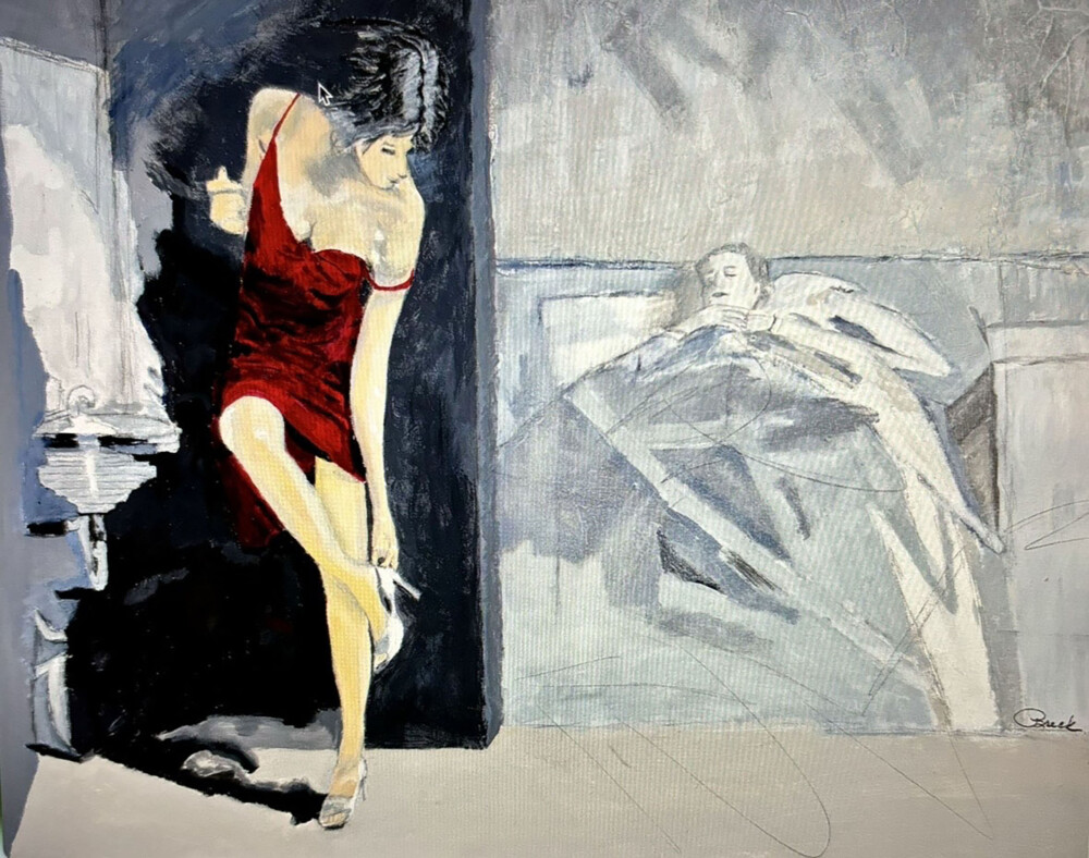 005 Woman in Red Slipping Away 25.5x32” original acrylic on canvas black frame Brenda Breck Art | Original Art painted on Canvas and Giclées | 005 Woman in Red Slipping Away 25.5x32” original acrylic on canvas black frame