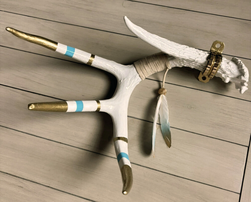 *02500 Large Shed Antler White Blue and Gold metallic mixed media and feathers mountable Brenda Breck Art | *02500 Large Shed Antler White Blue and Gold metallic mixed media and feathers mountable