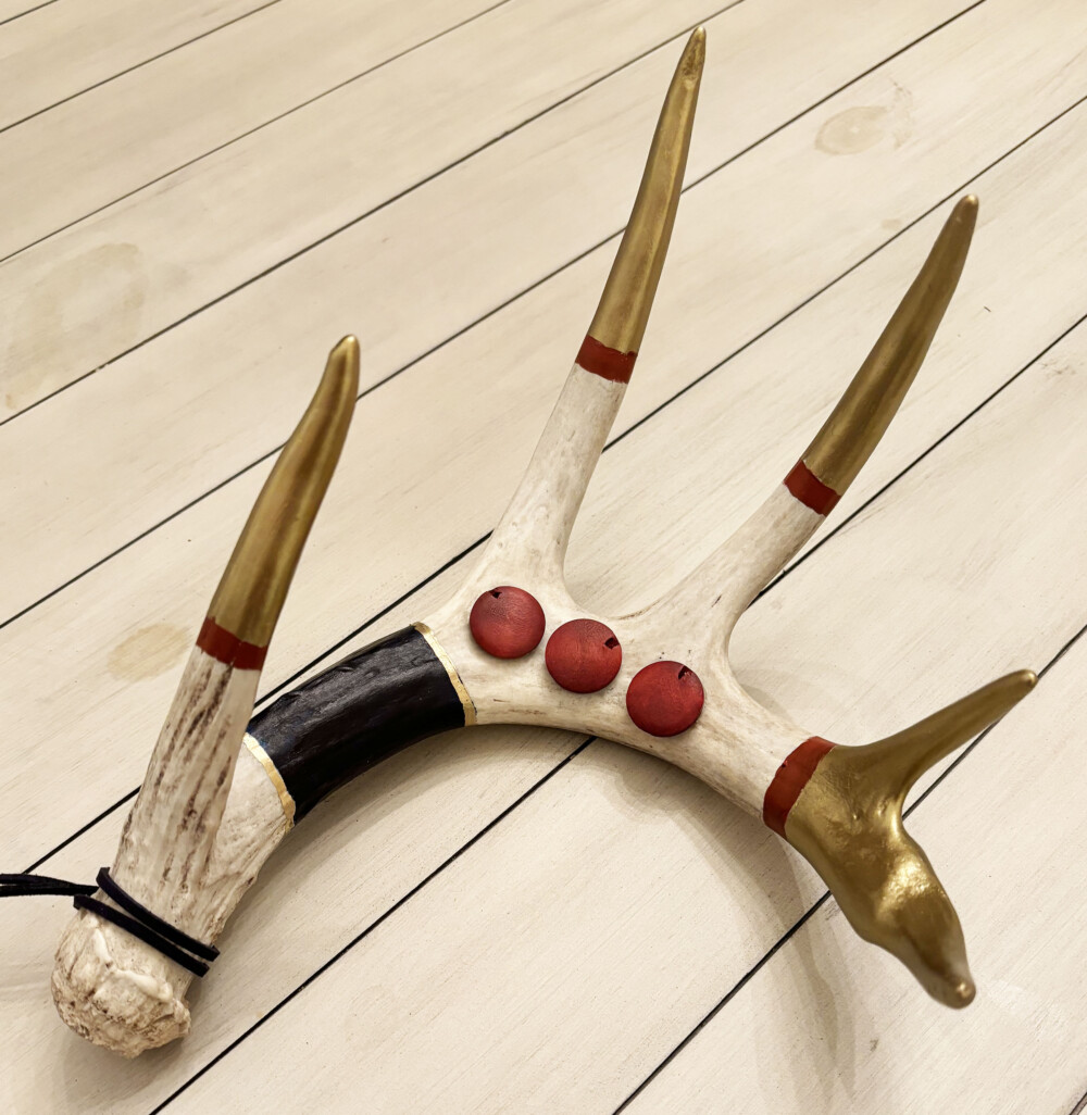 03000 Shed Antler gold, red, black, and cream with dimensional red accents mixed media BRENDA BRECK Art |