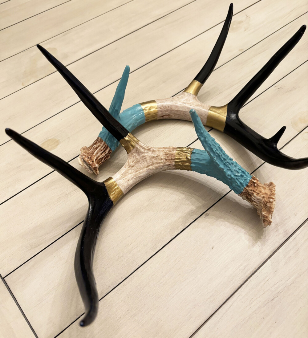 03200 Shed Antler Pair natural, teal and black with gold metallic accents mixed media BRENDA BRECK Art | 03200 Shed Antler Pair natural, teal and black with gold metallic accents mixed media