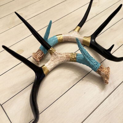 03200 Shed Antler Pair natural, teal and black with gold metallic accents mixed media BRENDA BRECK Art | 03200 Shed Antler Pair natural, teal and black with gold metallic accents mixed media