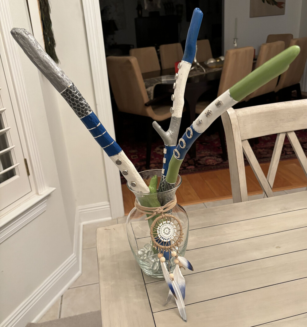 03800 Spirit Prayer Sticks in lime, cobalt and white with silver metallic accents mixed media Brenda Breck Art | 03800 Spirit Prayer Sticks in lime, cobalt and white with silver metallic accents mixed media