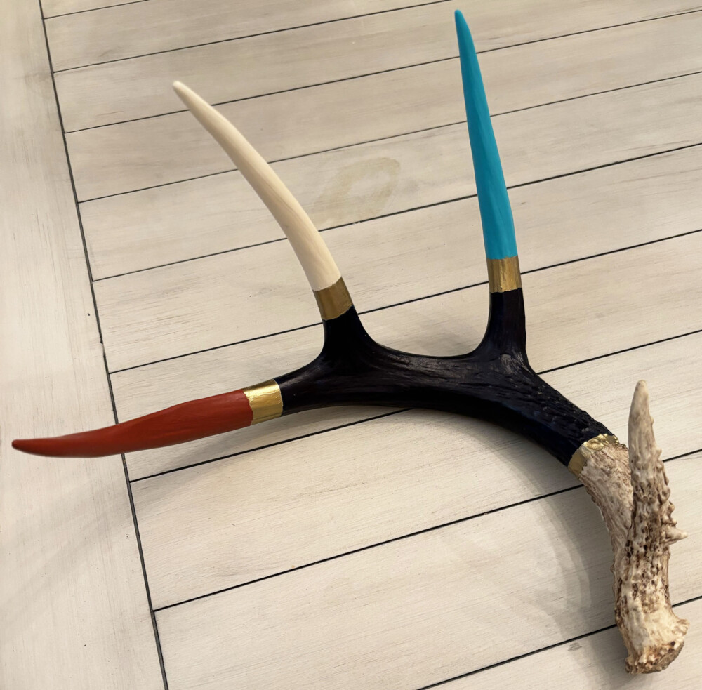 03900 Shed Antler in natural, black, cream and teal with gold metallic accents mixed media Brenda Breck Art | 03900 Shed Antler in natural, black, cream and teal with gold metallic accents mixed media