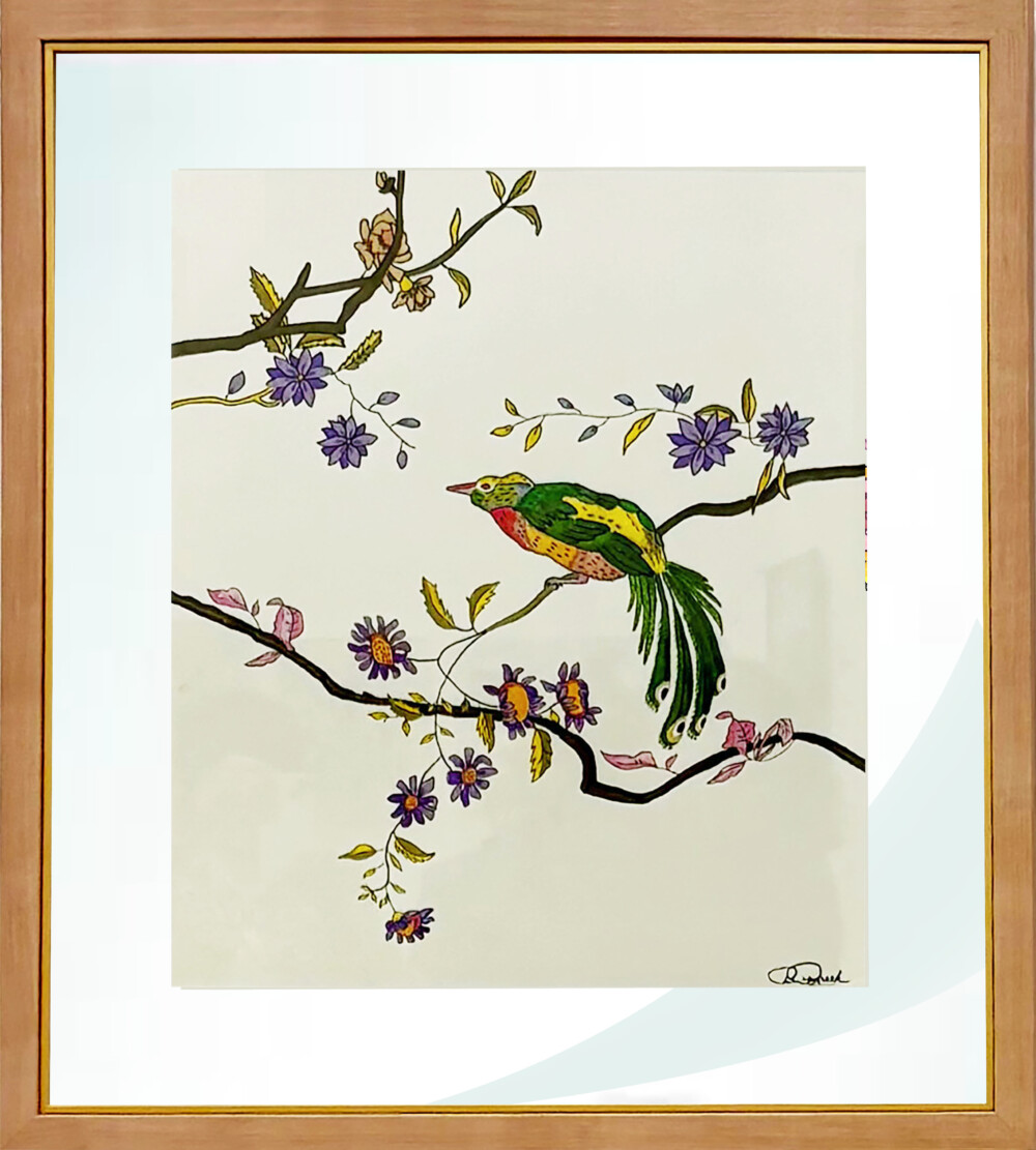 0069 Reese Bird on Branch 21.5x28” acrylic on fine art paper framed Brenda Breck Art | 0069 Reese Bird on Branch 21.5x28” acrylic on fine art paper framed