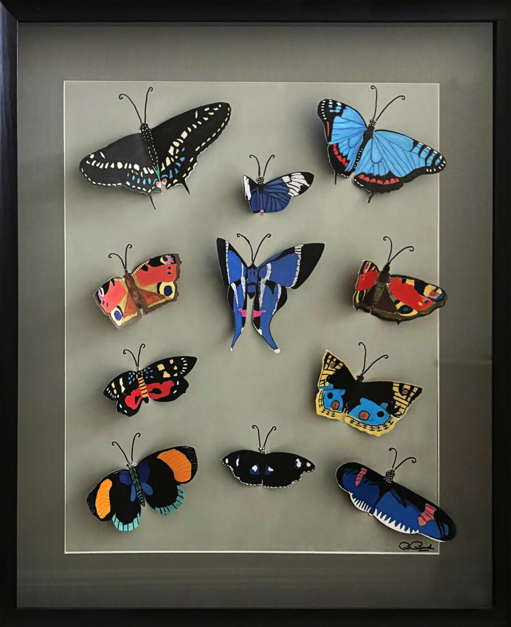 0079 God’s Confetti 27.5x30.5” original layered acrylic on canvas indidually drawn painted butterflies in shadowbox frame Brenda Breck Art | 0079 God’s Confetti 27.5x30.5” original layered acrylic on canvas indidually drawn painted butterflies in shadowbox frame